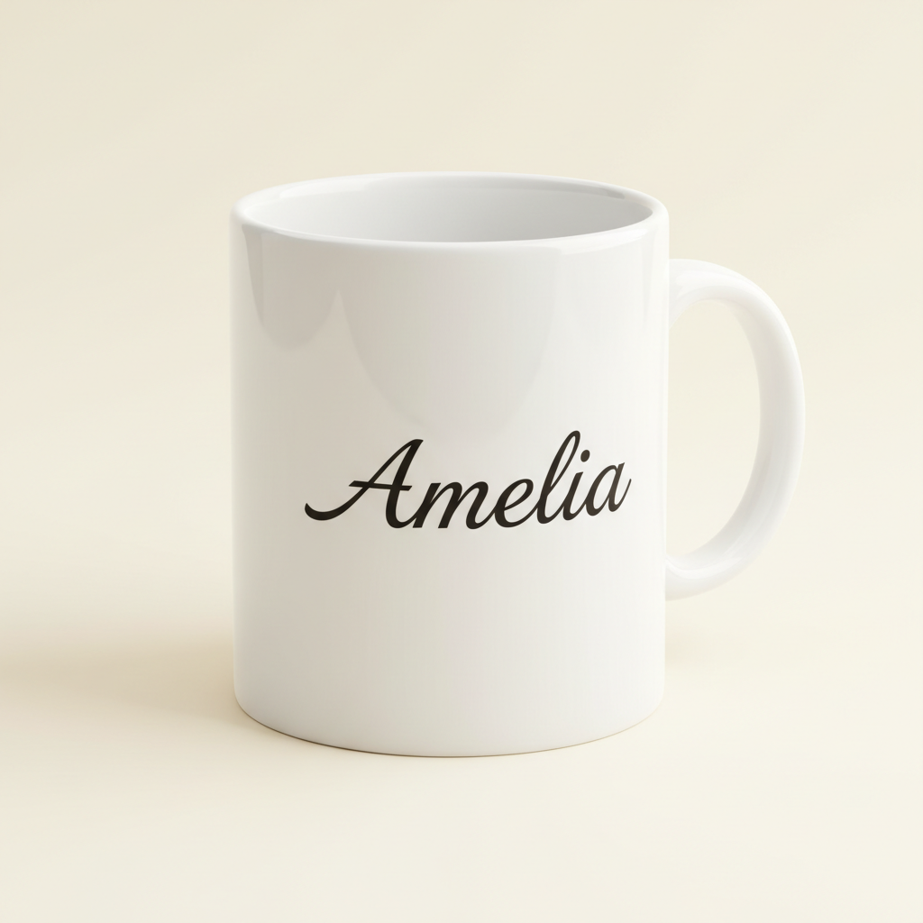White personalised mug with the name Amelia on a warm ivory background