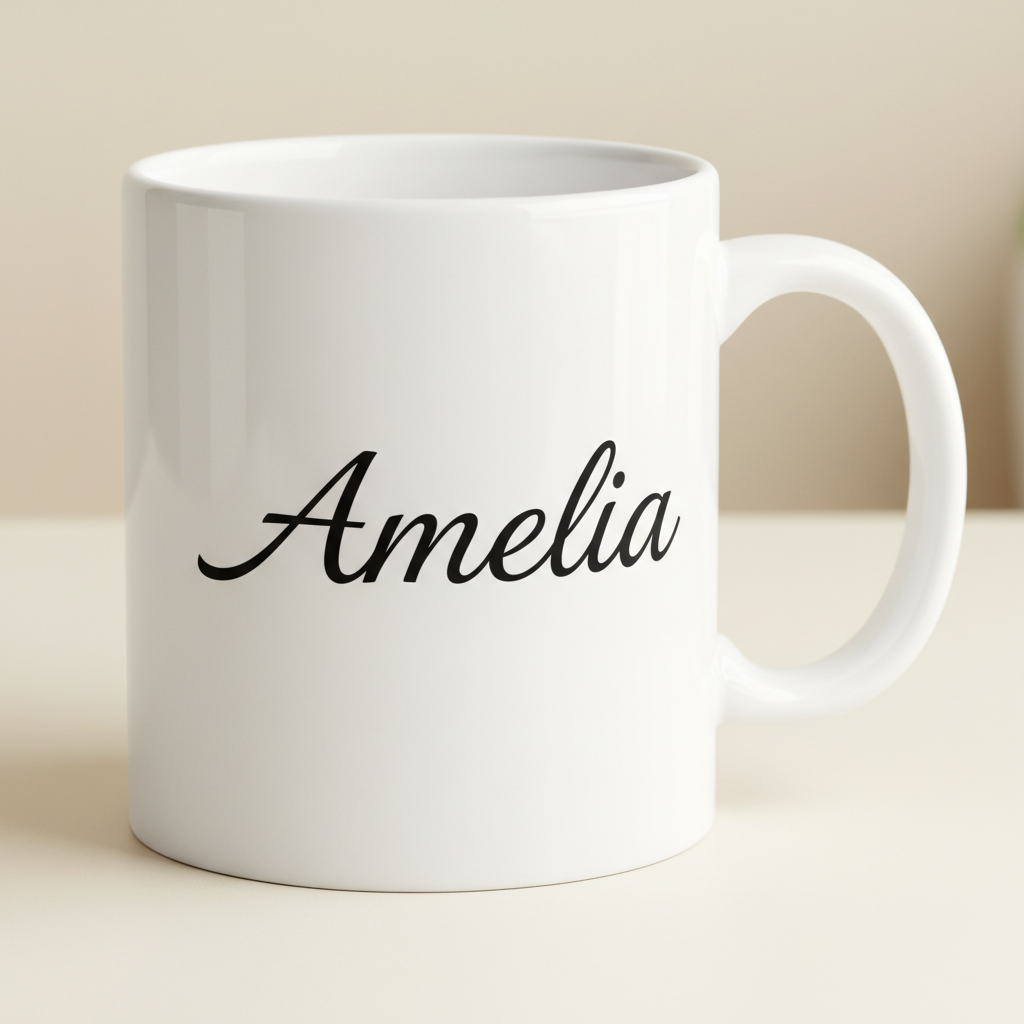 Close-up of custom name lettering on a white ceramic mug