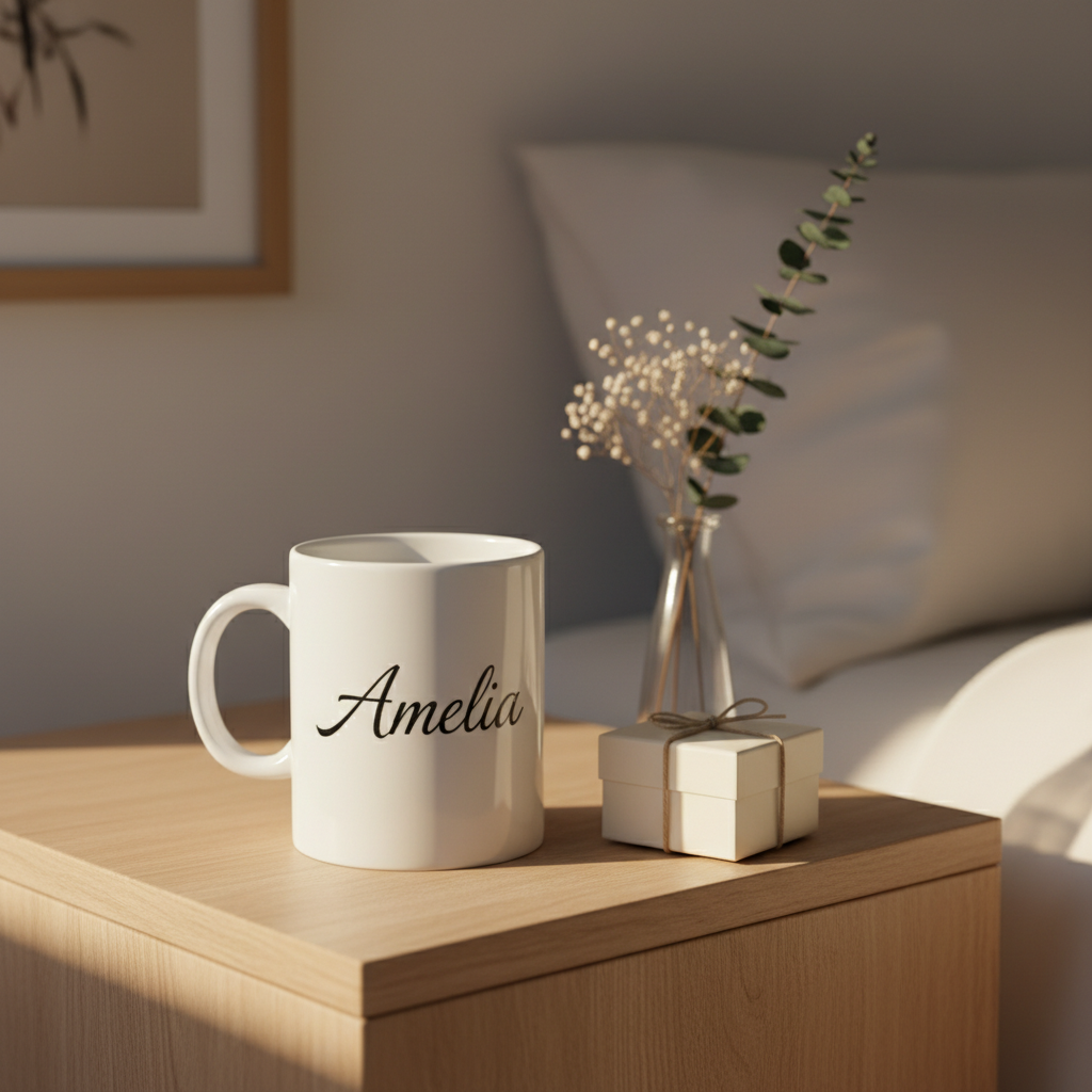 Personalised name mug beside a wrapped gift and dried flowers